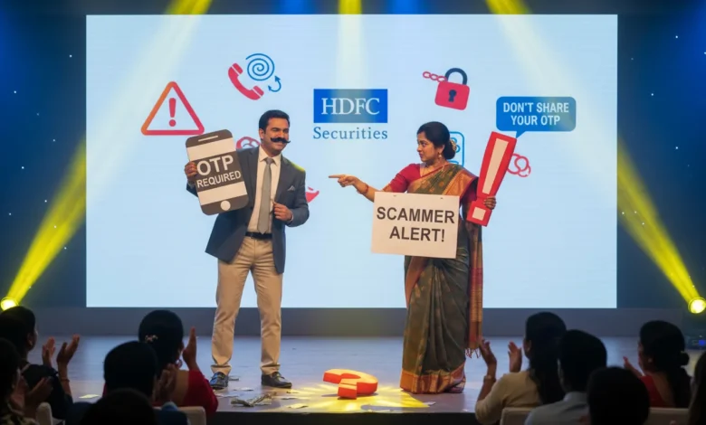 HDFC Securities fraud awareness campaign visual with characters educating users