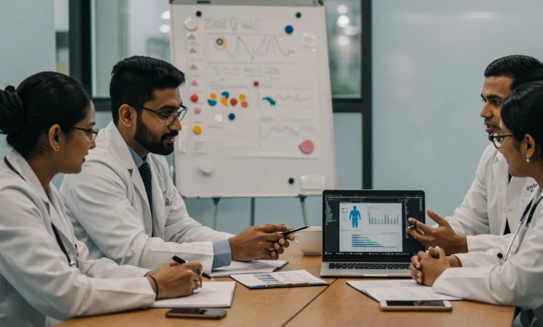 Indian healthcare professionals and digital health-tech employees collaborating in a modern office