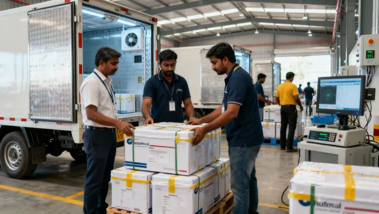 Indian logistics team using cold-chain logistics technology to deliver pharmaceutical goods