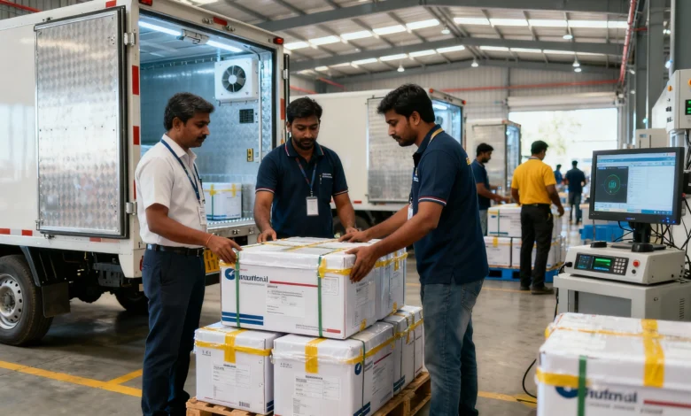 Indian logistics team using cold-chain logistics technology to deliver pharmaceutical goods