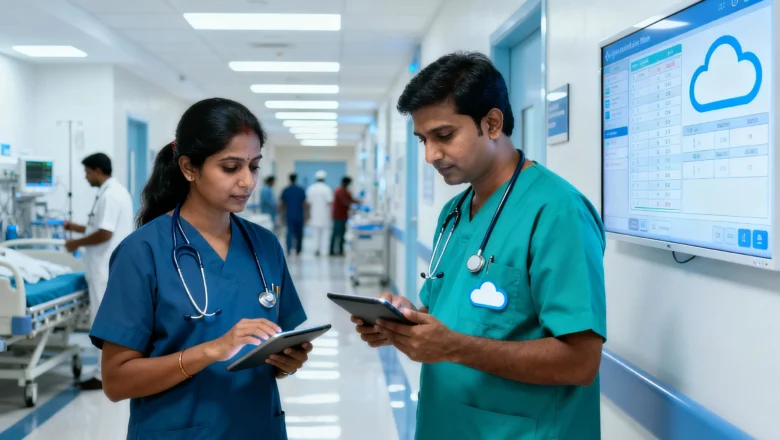Indian doctors and nurses using digital EMR dashboards and tablets inside a modern hospital
