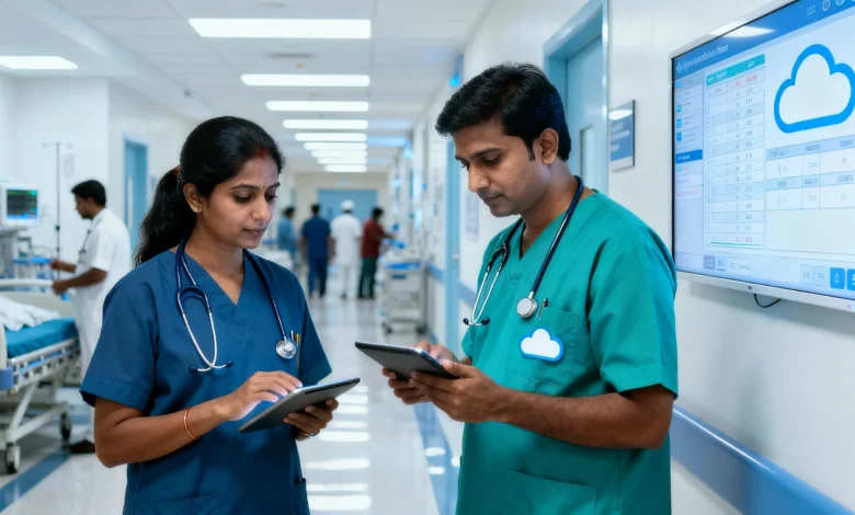 Indian doctors and nurses using digital EMR dashboards and tablets inside a modern hospital