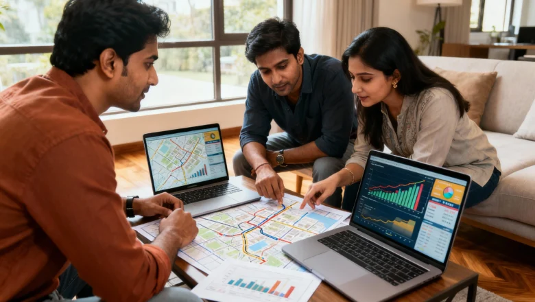 Indian homebuyers reviewing housing prices on digital dashboards