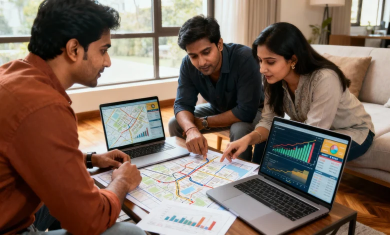 Indian homebuyers reviewing housing prices on digital dashboards