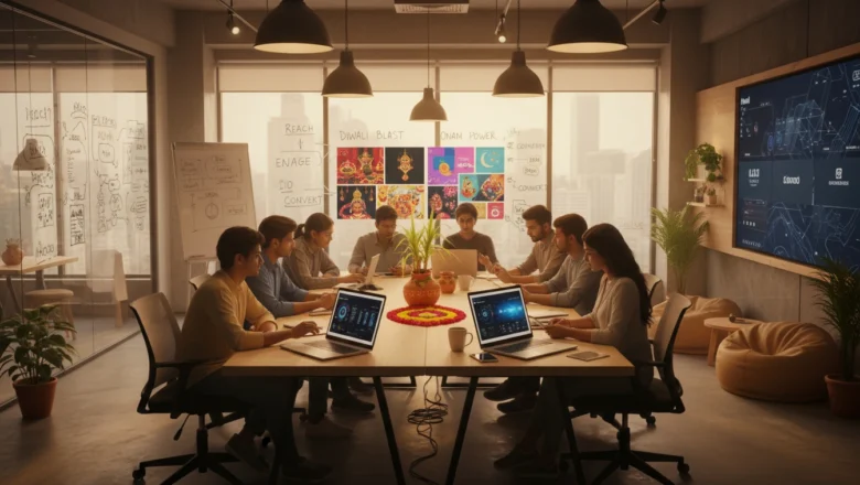 Indian marketing team planning festive ad campaigns using data dashboards