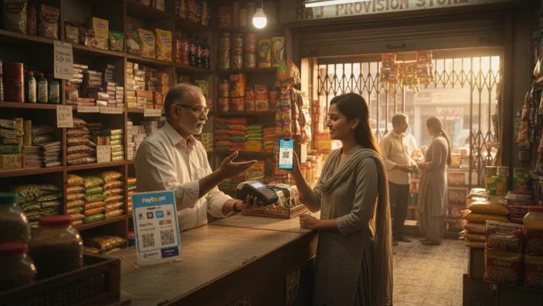 Indian kirana store owner using digital tools like UPI, POS, and WhatsApp orders
