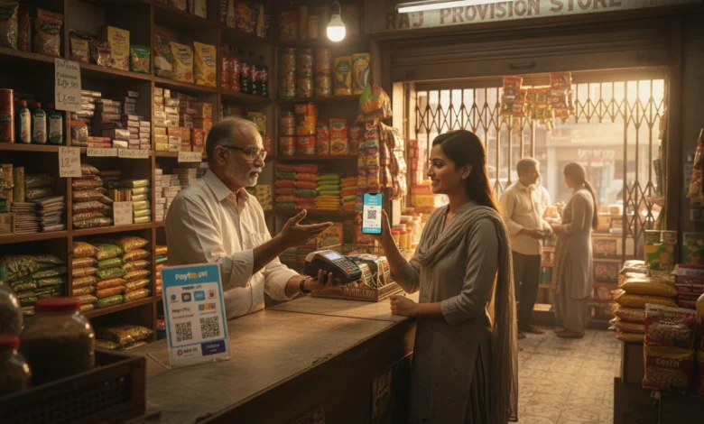 Indian kirana store owner using digital tools like UPI, POS, and WhatsApp orders