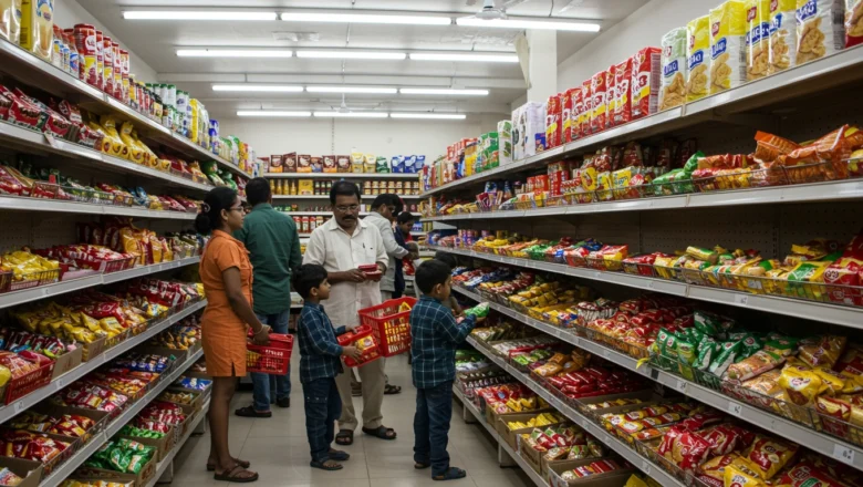 Indian shoppers purchasing ₹5 and ₹10 FMCG packs at a small retail shop