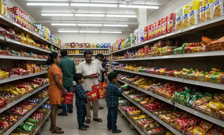Indian shoppers purchasing ₹5 and ₹10 FMCG packs at a small retail shop