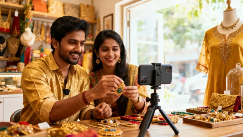 Indian creators filming Instagram Reels to promote small-business products.