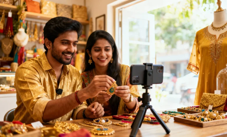 Indian creators filming Instagram Reels to promote small-business products.