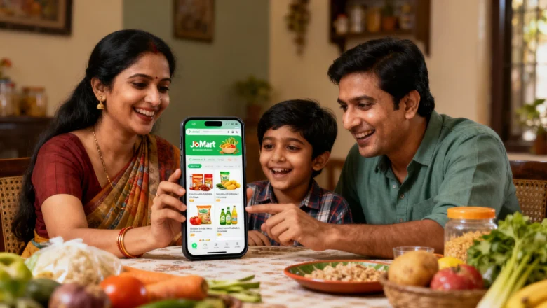 Indian family using the JioMart smart grocery app for personalized shopping
