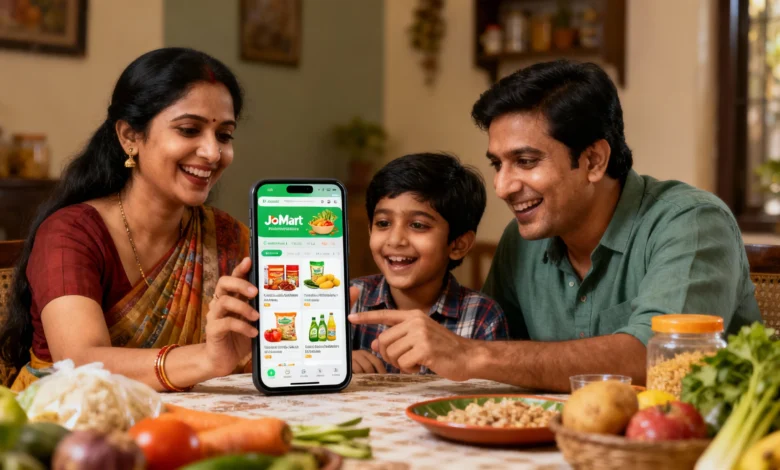Indian family using the JioMart smart grocery app for personalized shopping