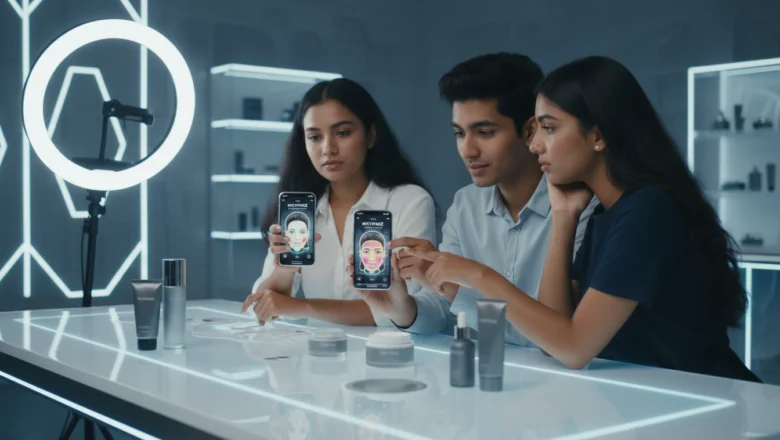 Indian Gen Z woman using AI-powered skincare scan on mobile app