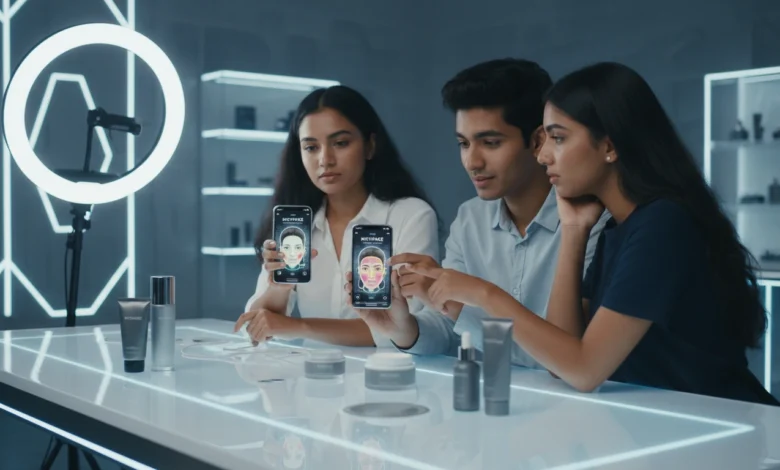 Indian Gen Z woman using AI-powered skincare scan on mobile app
