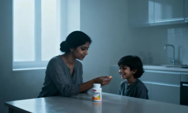 Indian mother giving child a paediatric wellness supplement in a warm home setting
