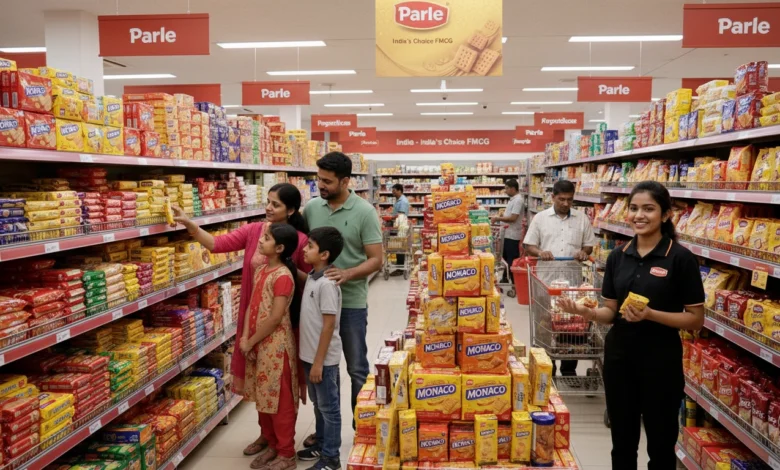 Indian shoppers choosing Parle products in a supermarket aisle