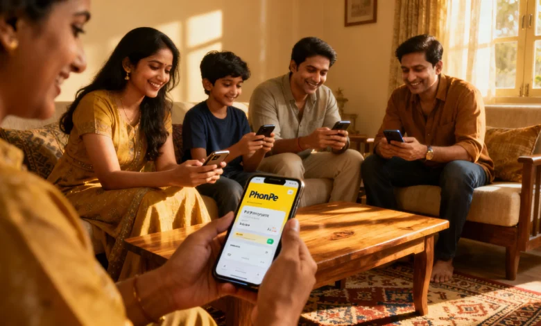 Indian family using PhonePe app for digital payments