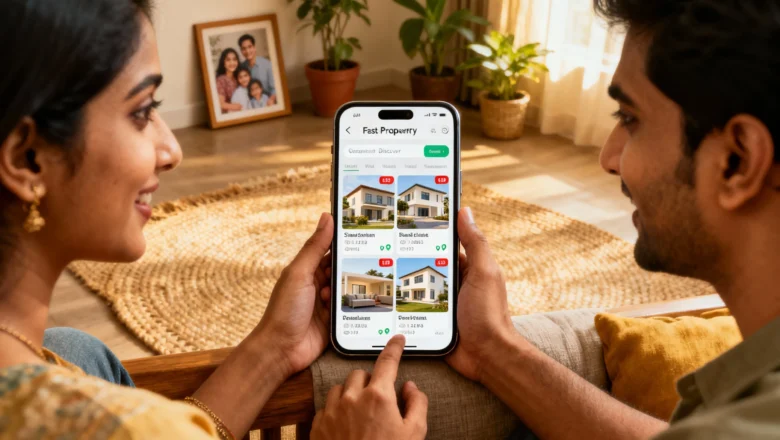 Indian users exploring fast real-estate options on a quick-commerce mobile app