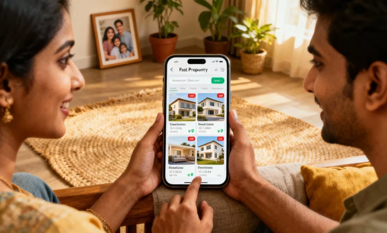 Indian users exploring fast real-estate options on a quick-commerce mobile app