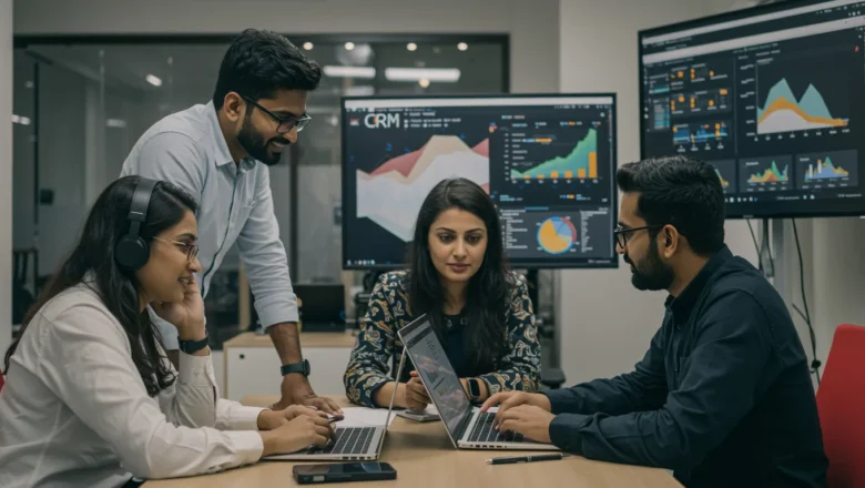 Indian real-estate marketing team analyzing website and ad performance dashboards