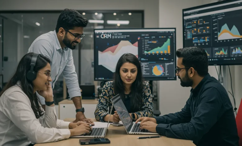 Indian real-estate marketing team analyzing website and ad performance dashboards