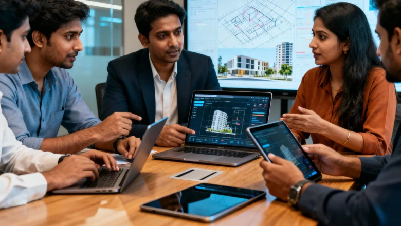 Indian developers discussing digital and sustainable real-estate innovations for FY 2025–26