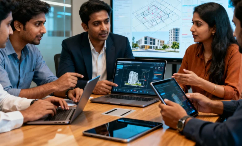Indian developers discussing digital and sustainable real-estate innovations for FY 2025–26