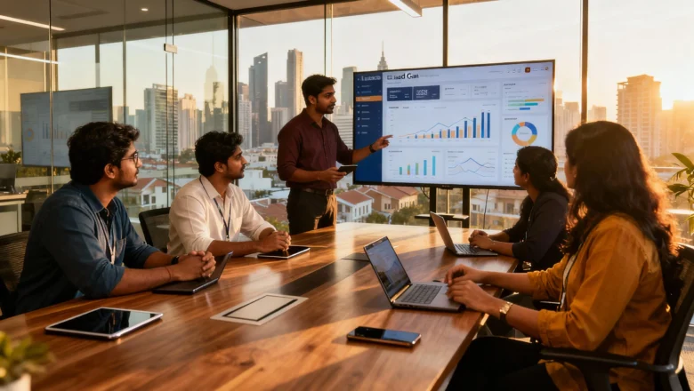 Indian real-estate marketing team analysing lead generation reports and CRM dashboards