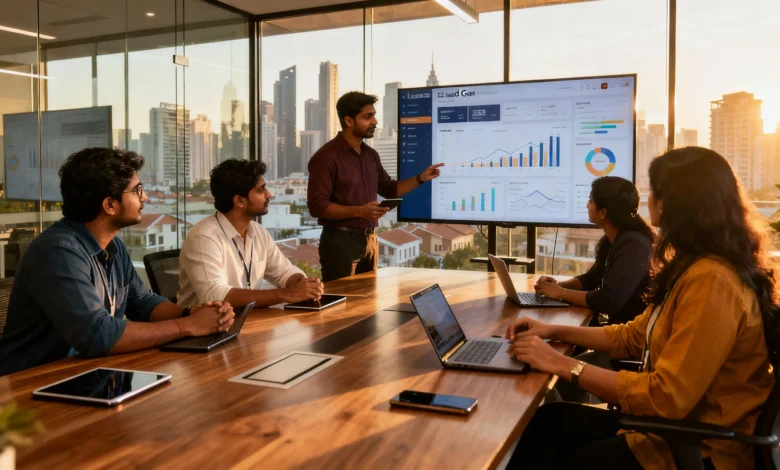 Indian real-estate marketing team analysing lead generation reports and CRM dashboards