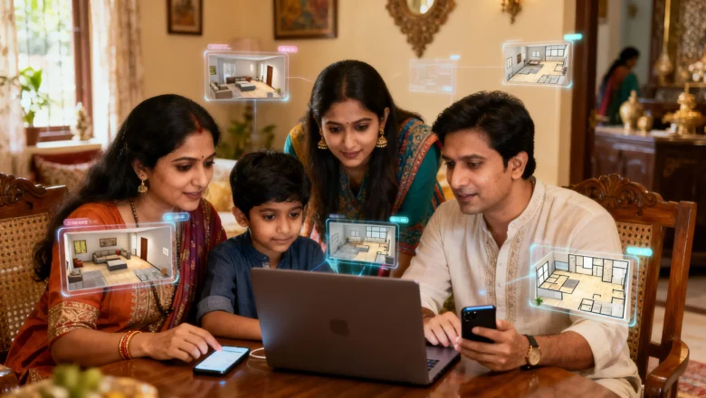 Indian homebuyers exploring virtual property tours on digital devices