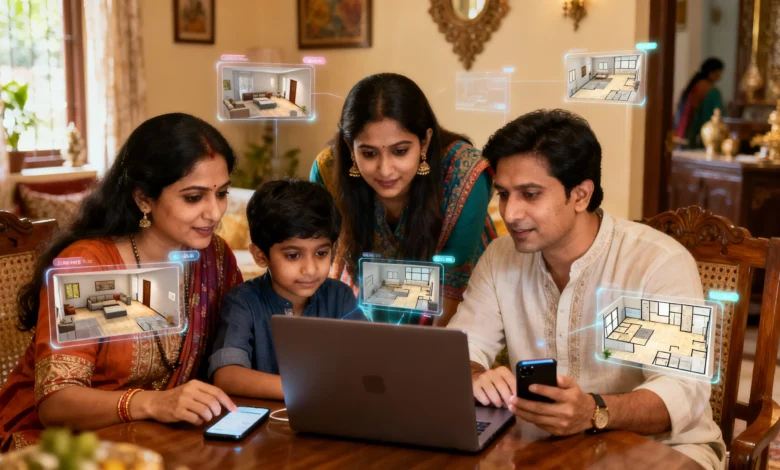 Indian homebuyers exploring virtual property tours on digital devices