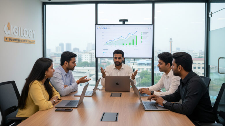 Indian SEO companies in Chennai team reviewing keyword rankings, AI reports, and performance dashboards in a modern office.