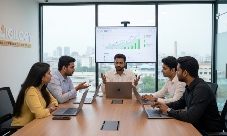 Indian SEO companies in Chennai team reviewing keyword rankings, AI reports, and performance dashboards in a modern office.