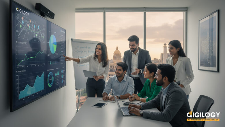 SEO team collaborating on AI-powered tools and local SEO strategies to optimize Chennai businesses' digital presence.