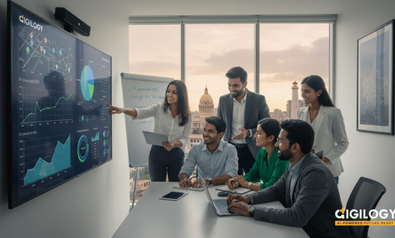 SEO team collaborating on AI-powered tools and local SEO strategies to optimize Chennai businesses' digital presence.