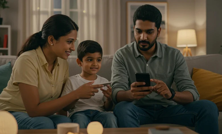 Indian family using smart-home devices and mobile-controlled automation