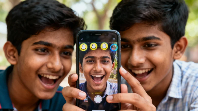 Indian youth using Snapchat Spotlight and AR Lenses in a Tier-2 city store.