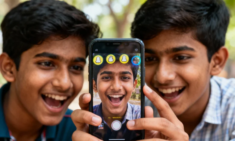 Indian youth using Snapchat Spotlight and AR Lenses in a Tier-2 city store.