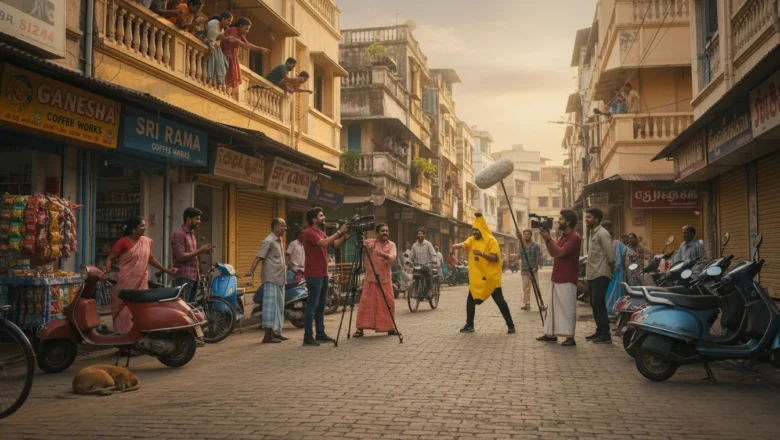 South Indian creators filming a regional marketing video with cultural elements