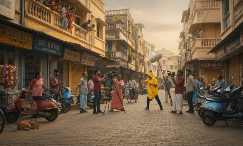 South Indian creators filming a regional marketing video with cultural elements