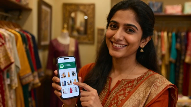 Indian business owner using WhatsApp Commerce for customer conversions.