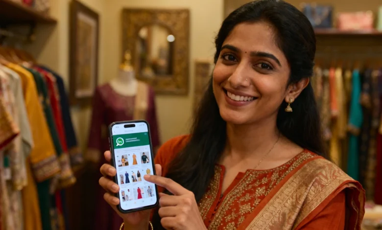 Indian business owner using WhatsApp Commerce for customer conversions.