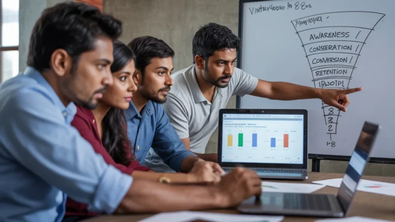 Indian digital marketing team reviewing KPI reset and funnel metrics on a laptop