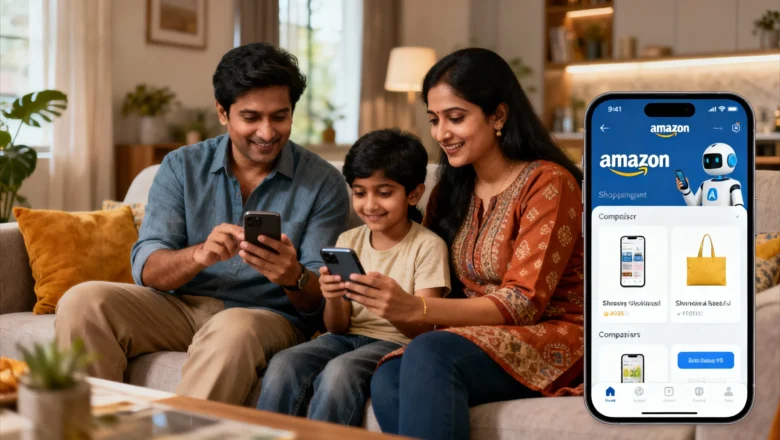 Indian family using Amazon’s AI shopping assistant on a smartphone