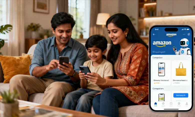 Indian family using Amazon’s AI shopping assistant on a smartphone