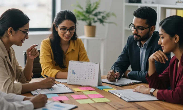 Indian business team doing brand planning in December with calendars and strategy notes
