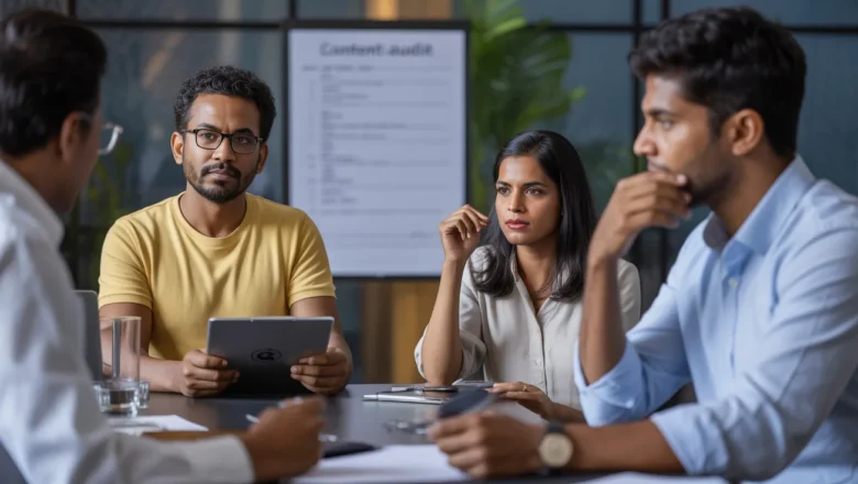 Indian marketing team reviewing content performance metrics and planning updates