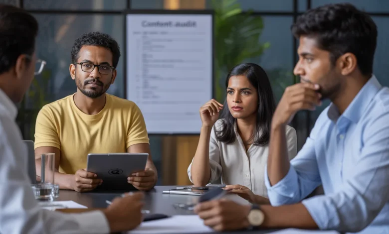 Indian marketing team reviewing content performance metrics and planning updates