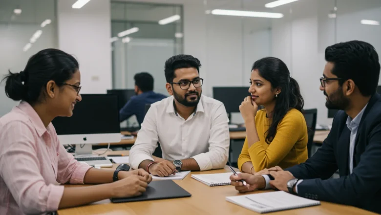 Indian marketing team discussing customer retention marketing strategy with dashboards